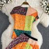 Женский модный комплект с круглым вырезом, тонкий короткий топ из двух частей, плиссированная юбка-трапеция с высокой талией и принтом