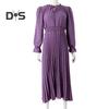 Women Fall Spring Dress Dot Print Pleated High Tight Waist Long Sleeve Shirring Collar Lace Up V Neck Mid Calf Length Lady Midi Dress