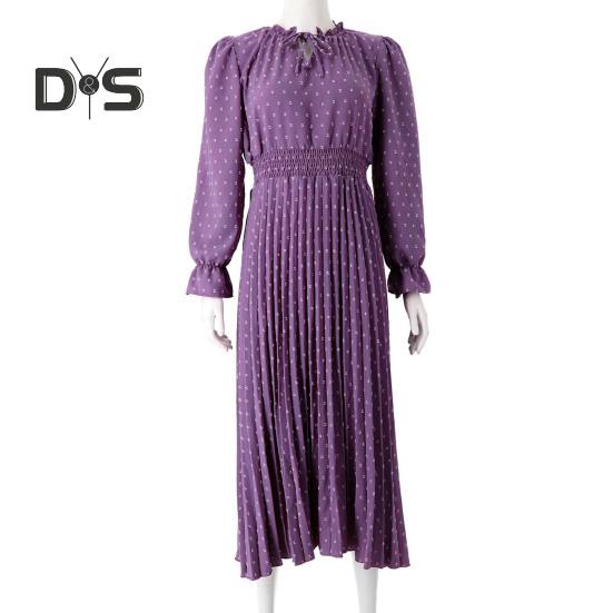 Women Fall Spring Dress Dot Print Pleated High Tight Waist Long Sleeve Shirring Collar Lace Up V Neck Mid Calf Length Lady Midi Dress