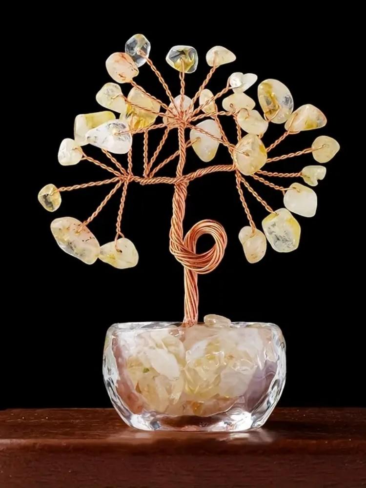 1pc Natural Rose Quartz, Crystal, Crystal Tree, DIY Hand Woven Life Tree, Home Desktop Decoration Ornament, Suitable for Mother'