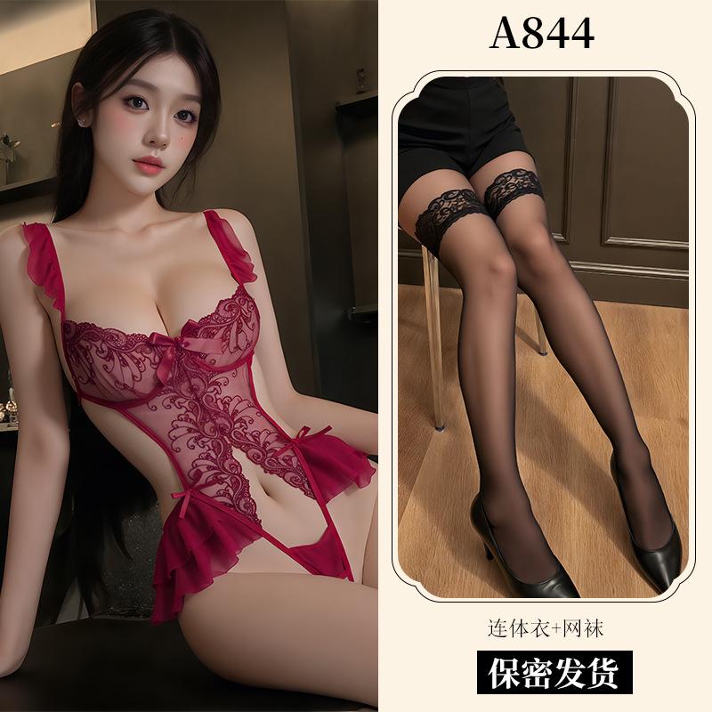 Sexy lingerie sexy lace embroidered onesie women's hollow open pajamas hot seduction uniform A