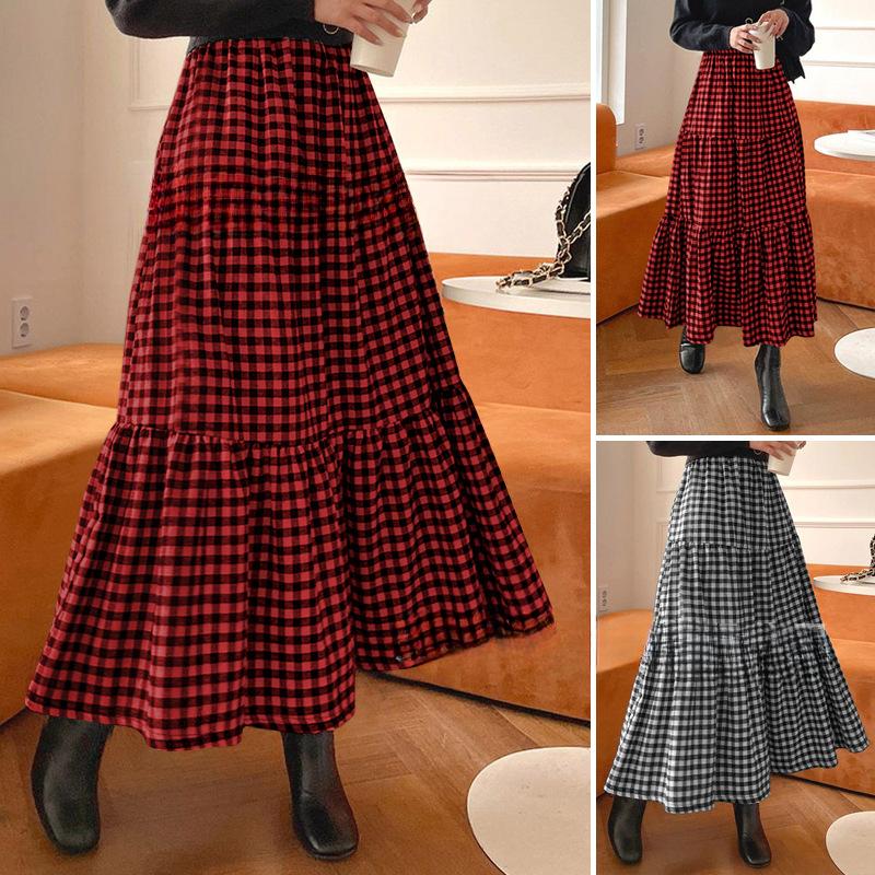 Длинная юбка в клетку на весну и осень, женская юбка-зонтик с высокой талией, юбка-трапеция средней длины в клетку в стиле ретро
