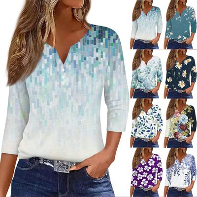 Жен. Футболка Футболка С принтом Пуговицы Рукав 3/4 Повседневные Выходные Мода Классический V-образный вырез Обычный Топ