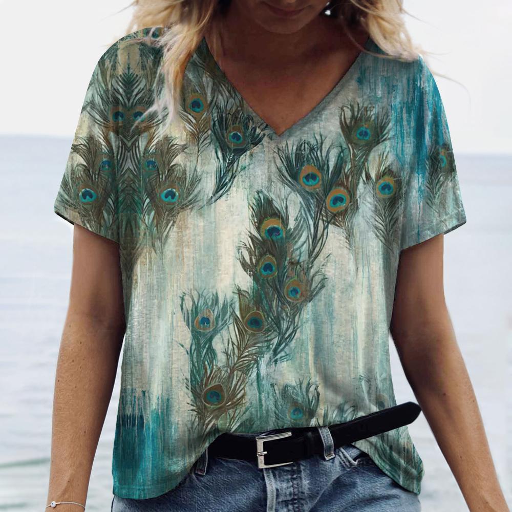Summer V Neck Women T-Shirts Peacock Feather Graphic Fashion Short Sleeve Harajuku Y2k Top Oversized Casual Female T Shirt