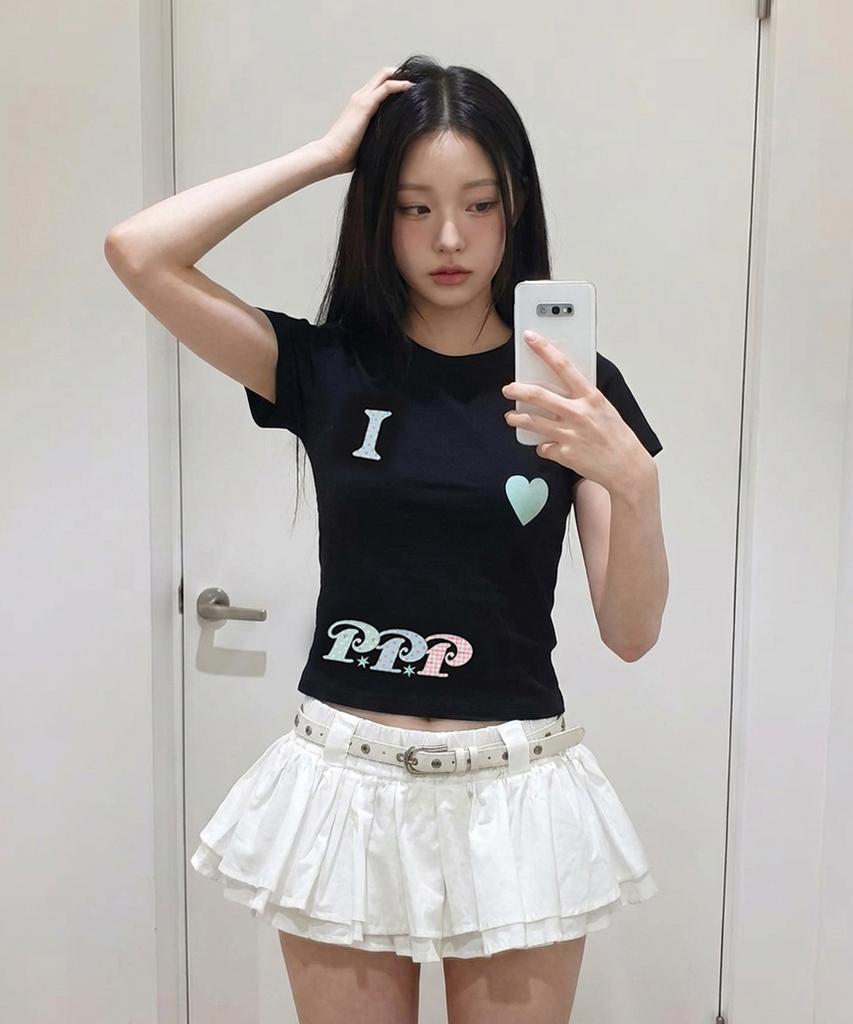 PAGESIISII I Love Ppp Applique Detail Slim Fit Short Sleeve T-Shirt Black