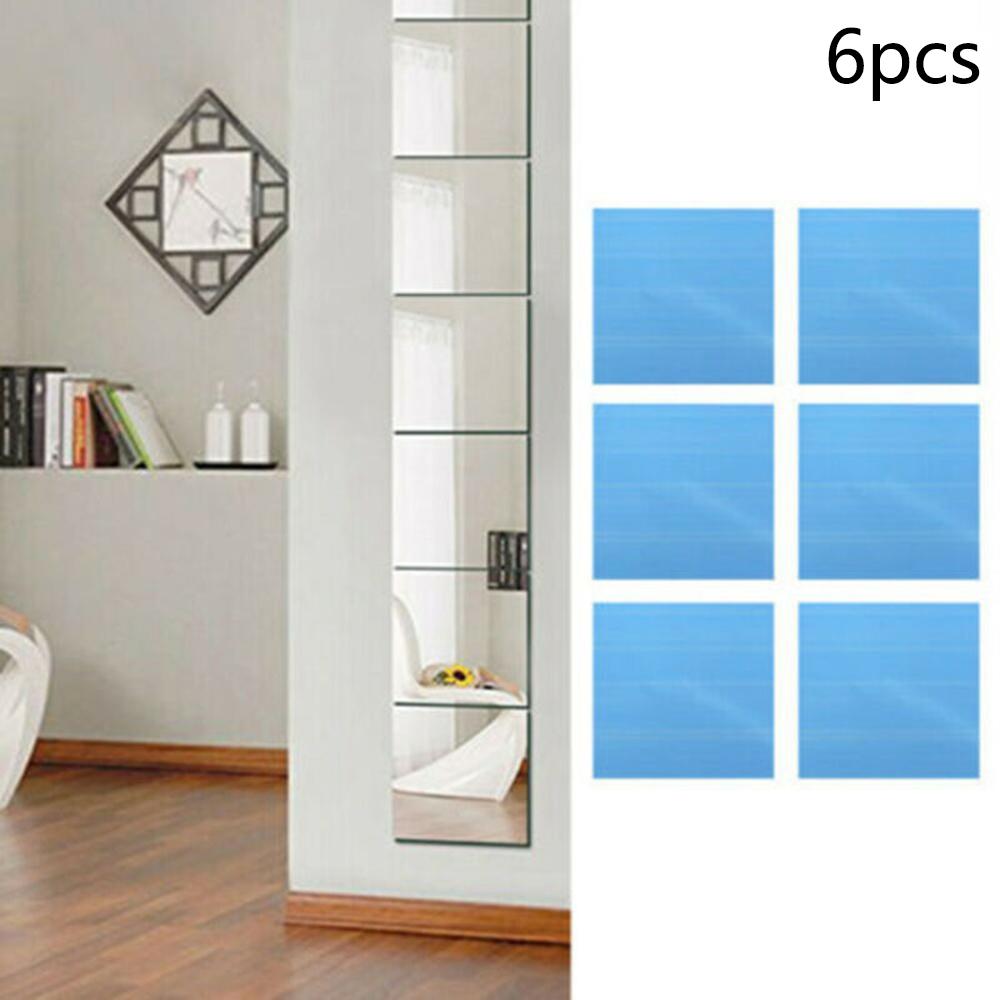 6 Pcs Mirror Tile Wall Sticker Square Self Adhesive Reflective Bathroom