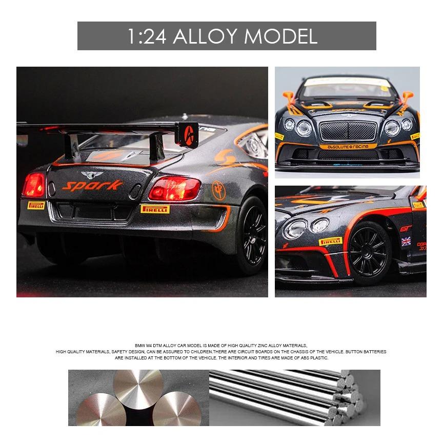 1/24 Bentley Continental GT3 Свободный ход Высокий свет Спортивный гоночный автомобиль Модель Игрушка Литой металл Сплав Миниатюрная реплика