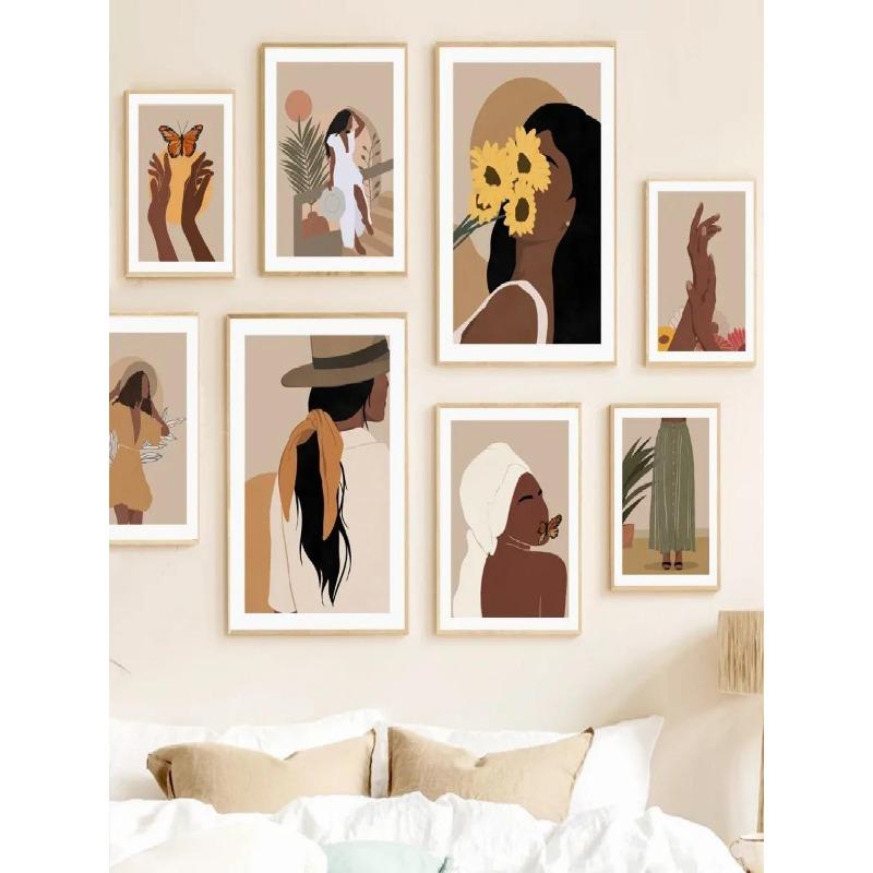 Элегантная черная девушка подсолнечник холст искусство абстрактный настенный декор для гостиной спальни HD печать плакат с растением шляпа юбка Desi