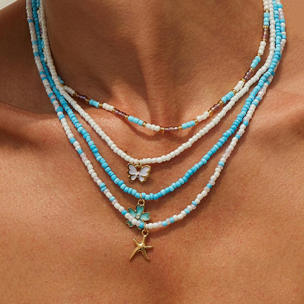 Holiday Style Starfish Fish Tail Scallop Shell Small Flower Necklace, Colored Rice Beads Imitation Pearl Collarbone Chain