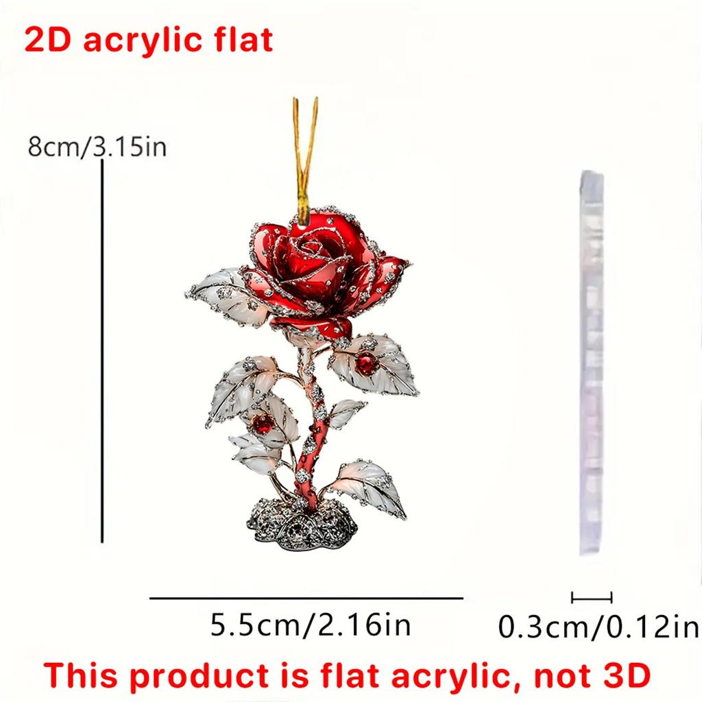 Valentine's Day Red Rose 2D Pendant Car Interior Acrylic Pendant Decorative Keychain Hanging Gift