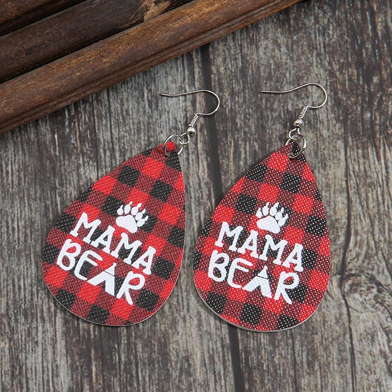 Mamabear Christmas Earrings: Red Plaid PU Leather, Bear Paw Design