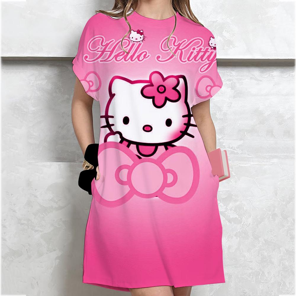 Женское Повседневное Платье-футболка с коротким рукавом Винтажный принт Hello Kitty Свободное Мини-платье Элегантное Простое Мини-платье Streetwear Сарафан