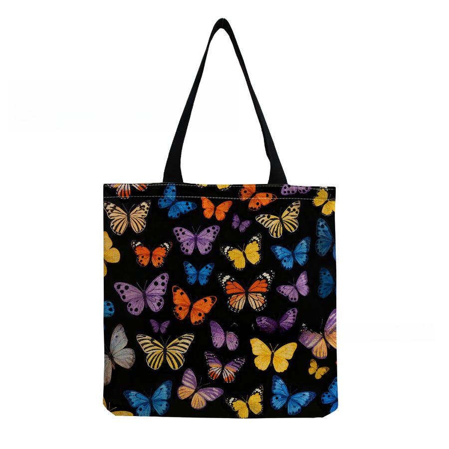 Women Vintage Linen Tote Bag - Large Capacity Butterfly Print Shoulder Handbag for Casual & Grocery Shopping KTB