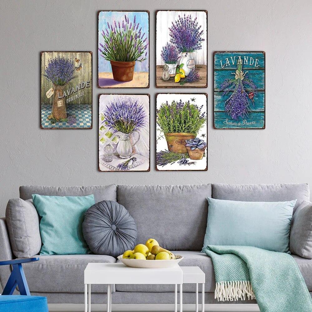 Лавандовая металлическая пластина с цветком, оловянные знаки для фермерского дома, винтажный настенный художественный постер, декор для дома и сада 20x30 см