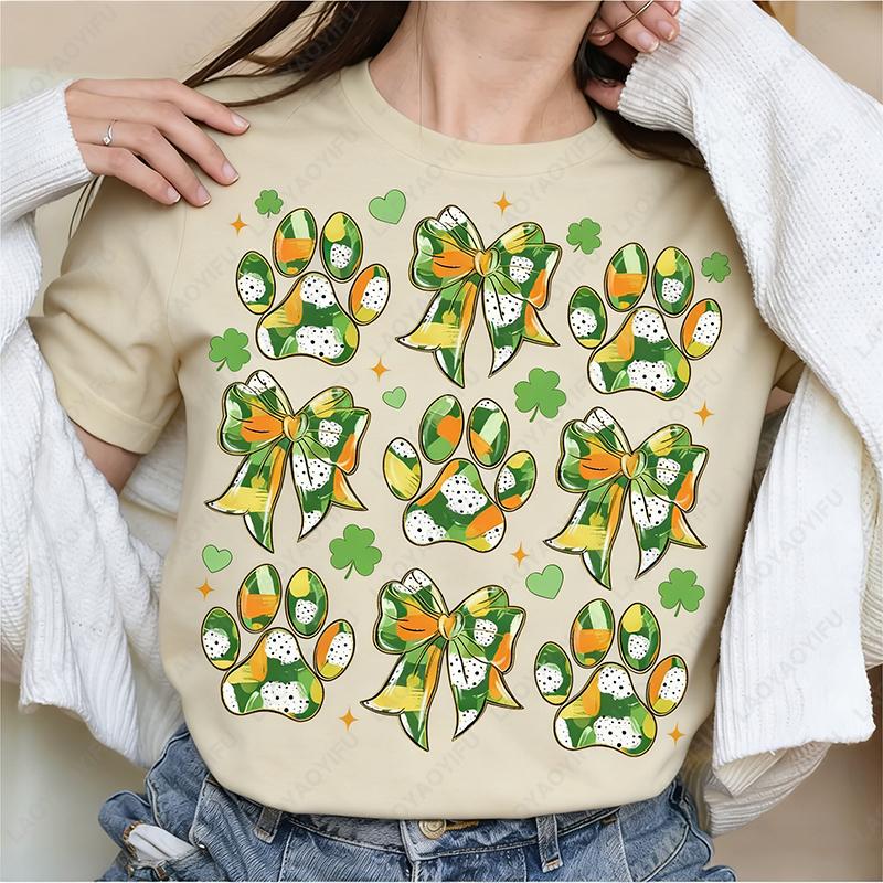 St Patricks Day Dog Paw Print Casual Unisex Oneck Printed Tops Fun Shamrock Clover Cute Cotton Shirts Dogs Lover Women Clothes