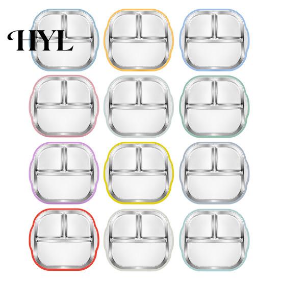Silicone Sleeve Toddler Plate Stainless Steel with Suction Base 3-Compartment Baby Mess-free Mealtime Set Bowl Non-Slip Grip Unbreakable Metal