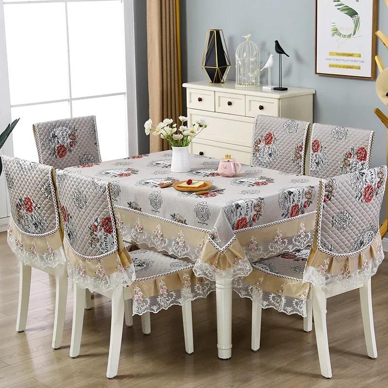 Флоковая прямоугольная кружевная скатерть, набор подушек для стула, пылезащитная скатерть для банкета, чехол для обеденного стола, вышивка чехла на стул