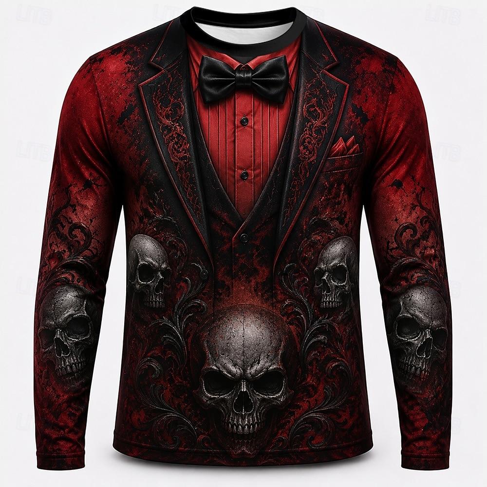 Fashionable Men's Autumn Halloween Skull Long Sleeve T-shirt 3D Print Crew Neck Breathable Top Daily Simple Comfortable Soft Loose Versatile T-Shirts