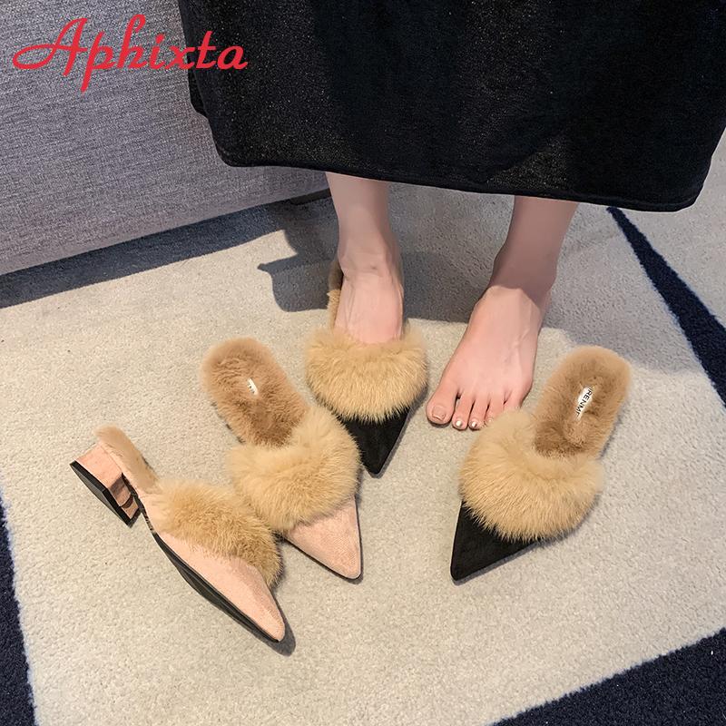 Aphixta Розовые Черные Теплые Настоящие Меховые Тапочки из Кроличьего Меха Женская Обувь Зима Острый Носок 3см Квадратный Каблук Дамские Домашние Шлепанцы Размер 41