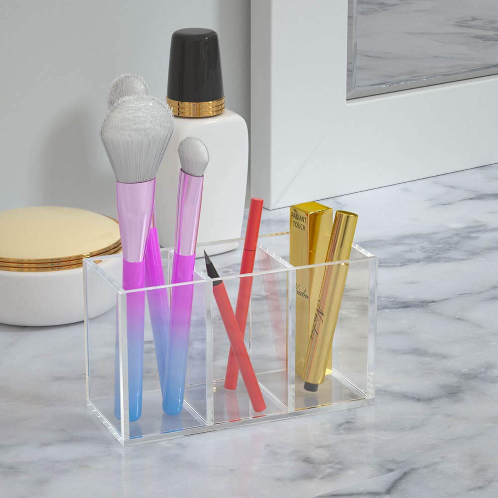 NIUBEE Pen Holder, 3 Compartments, Clear Acrylic, Pen Stand, Cosmetic Storage Box, Desktop Storage for Stationery, Makeup Brushes, and Other Small