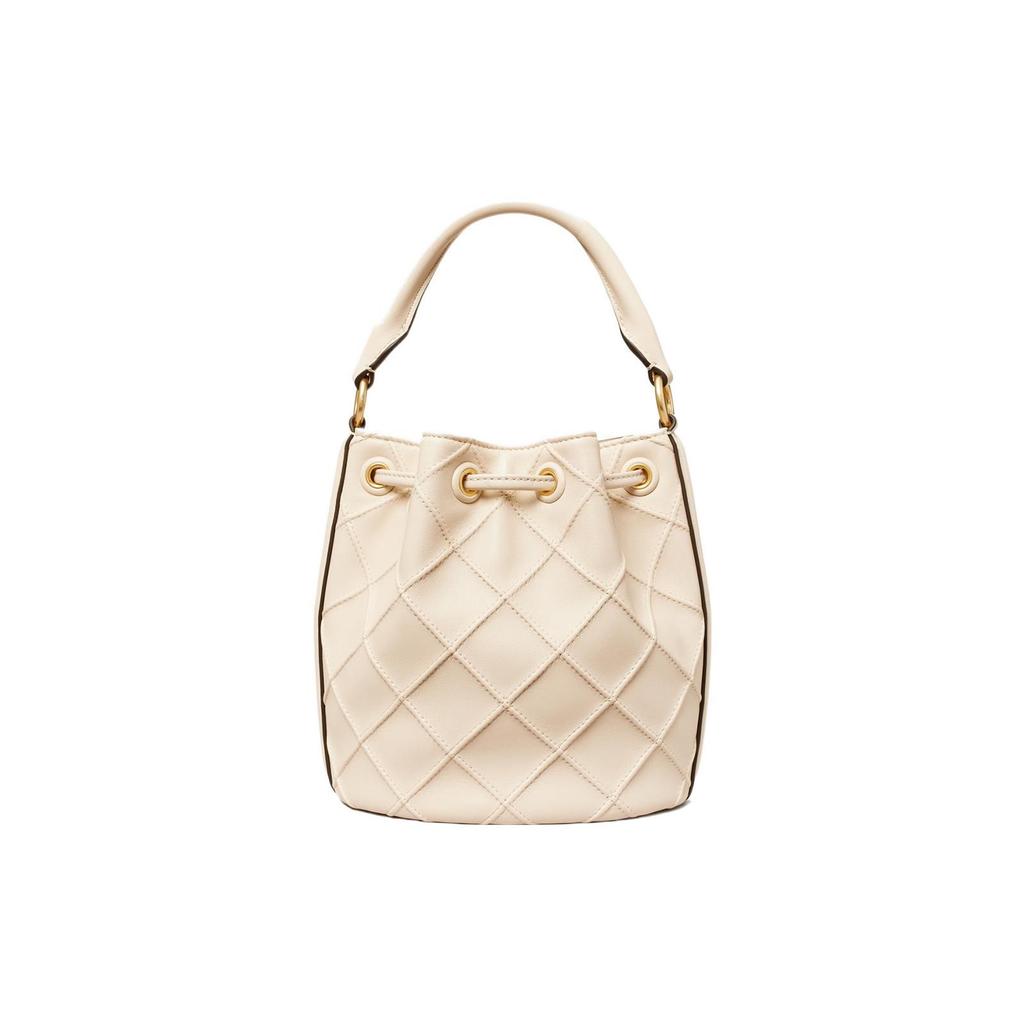 Tory Burch Fleming Logo Brass Accents Pleated Quilted Leather Bucket Bag Women handbags Cream-White 142565-122