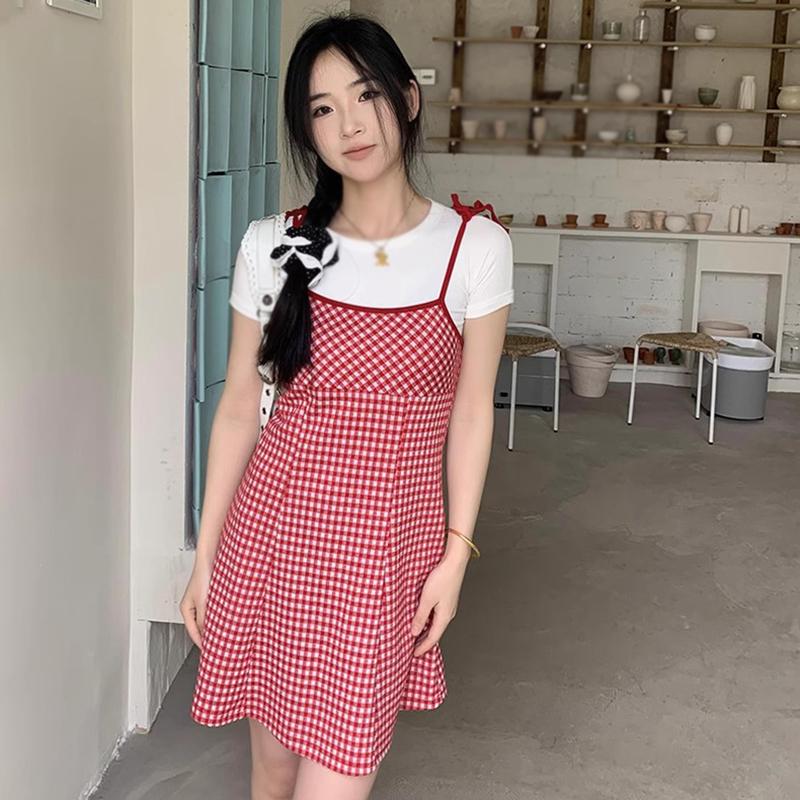 Women's Dress Plaid Slip Dress Lace-up Shoulder Strap Backless Beach Dress