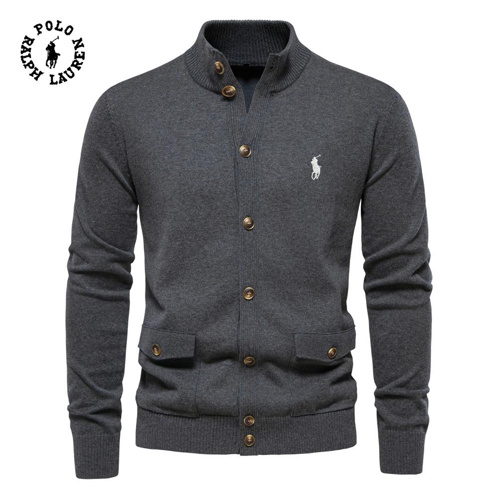 Ralph Lauren Осень-Зима Новый мужской топ-кардиган с вышивкой, Высококачественный однотонный свитер Business Casual для мужчин