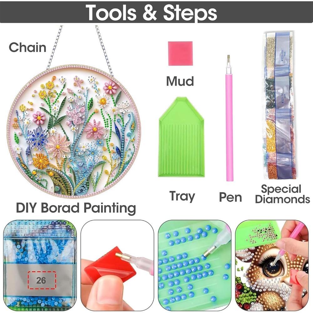 Flower Hanging Diamond Art Set Adult Pendant Light Catcher, Special Shaped Crystal DIY Pearl Diamond Painting Kit, 7.5 x 7.3 inches