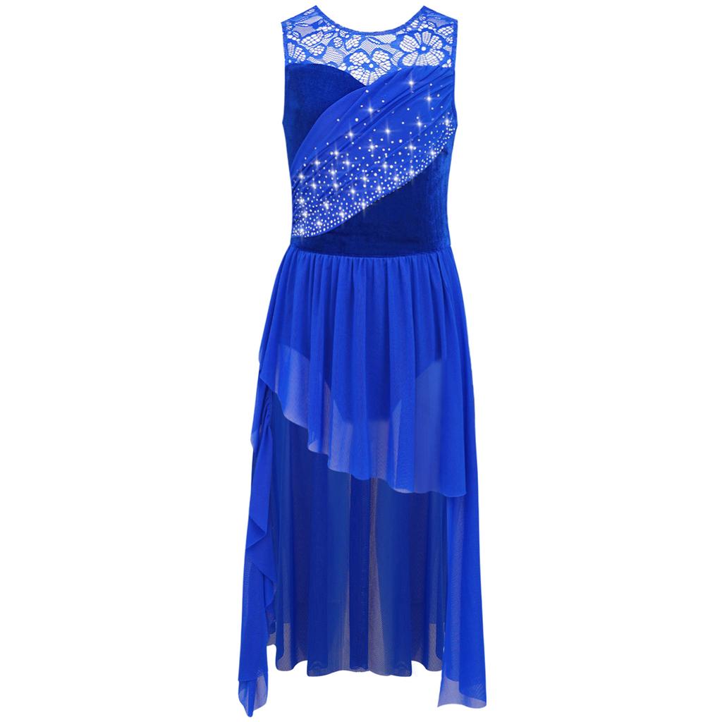 Платье для девочек с кружевной вставкой, сборчатой сетчатой накладкой, асимметричным подолом и сверкающими стразами, костюм для лирического танца