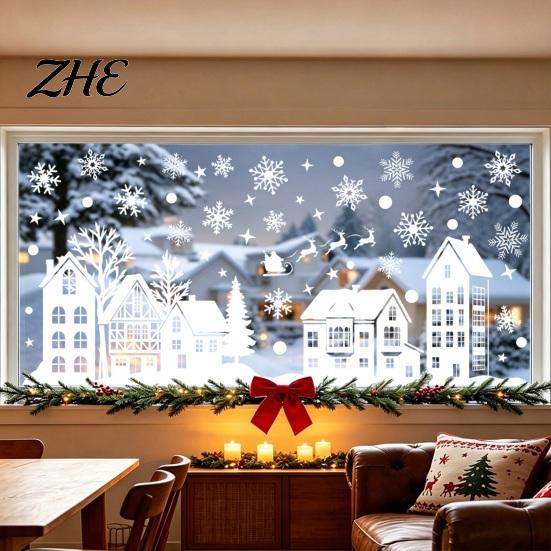 Reusable Glass Clings for Winter 2Pcs Christmas Town Static Sticker, Window Decal with Snowflake PVC Scene Decorations Pattern, Decorative Holiday