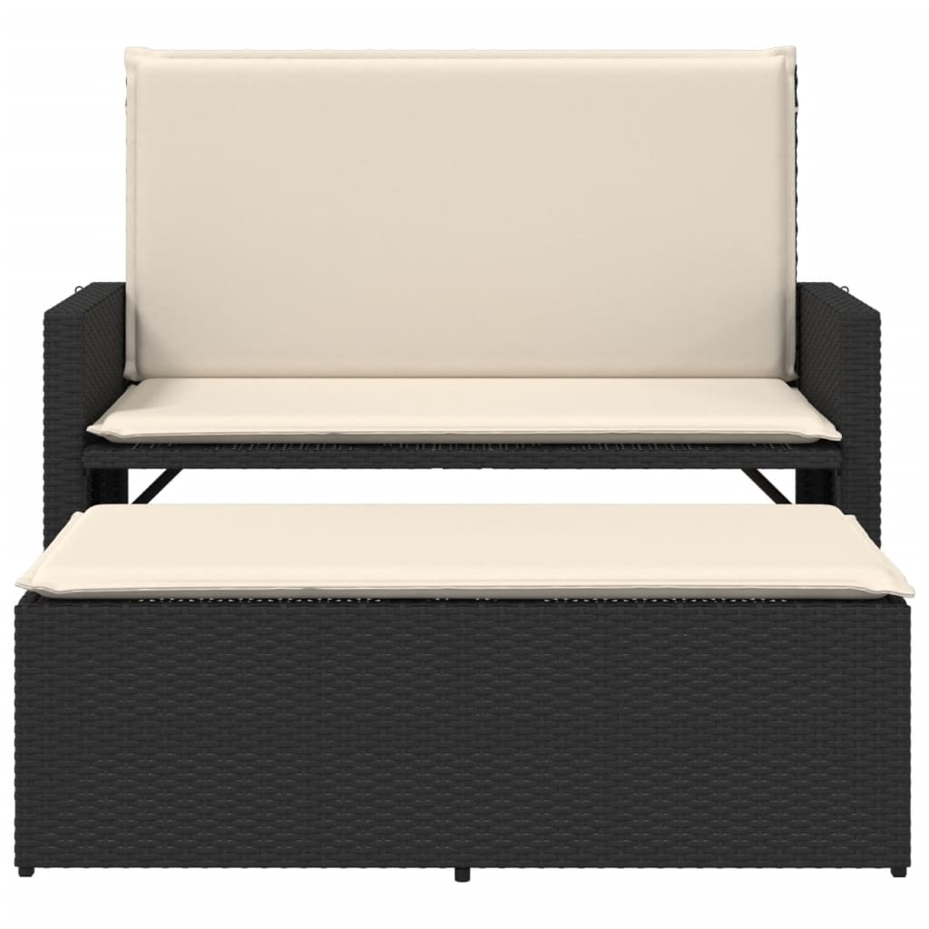 Garden Bench with Cushions and Footstool Black Poly Rattan