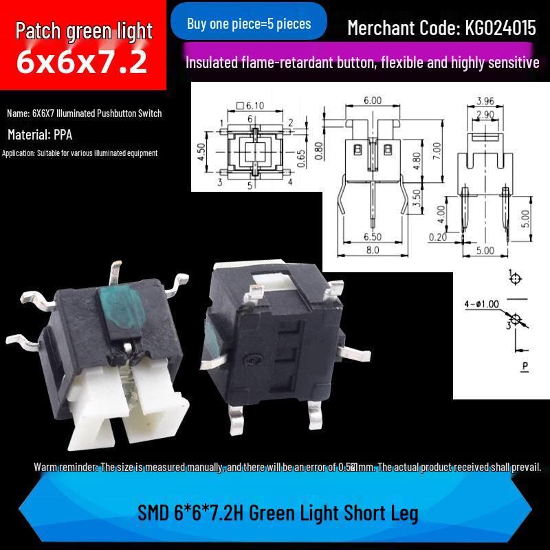 LED Luminous Tactile Switch 6x6x7/7.2mm Through-Hole Reset Button