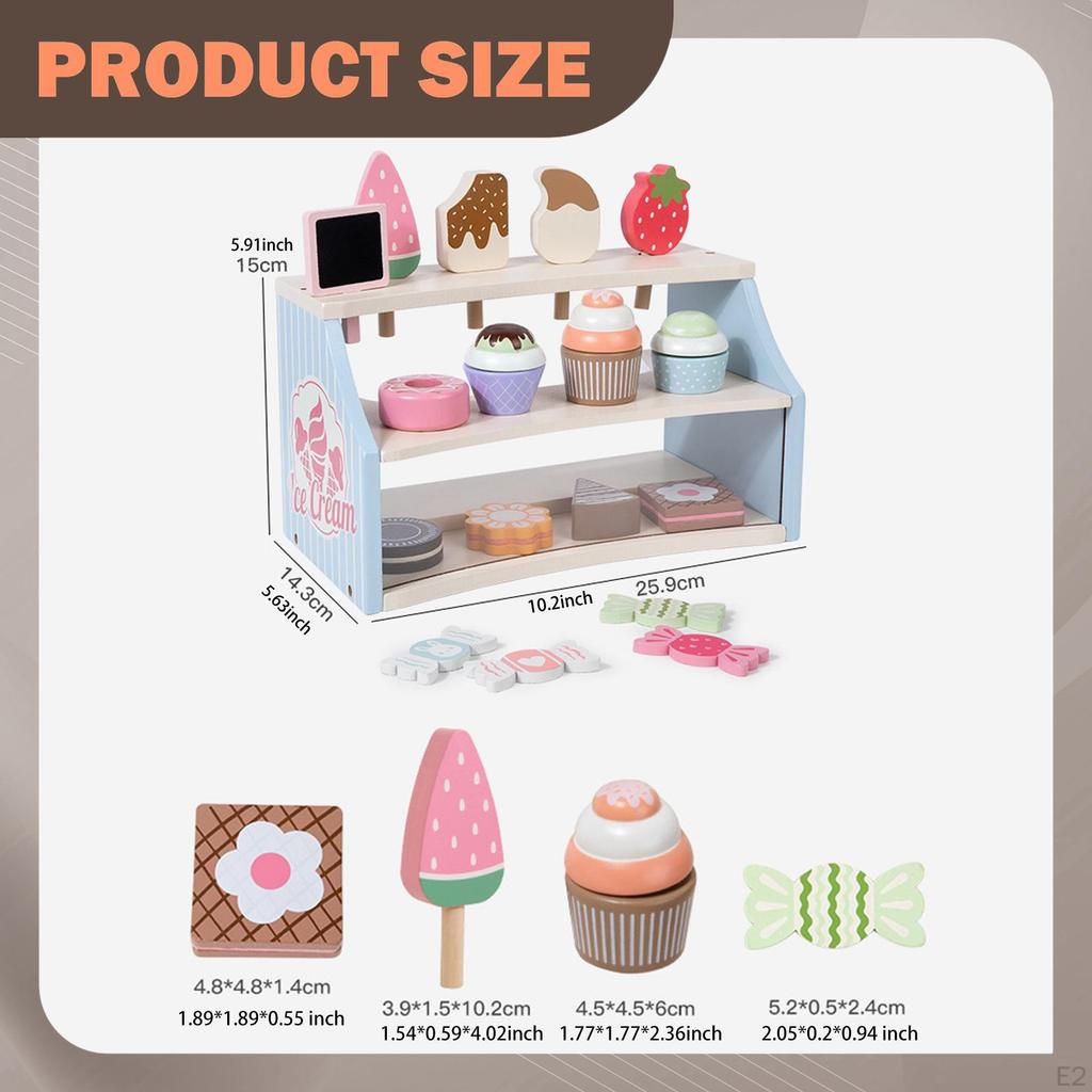 Play Desserts Food Set Pretend Kitchen Toy Education with Wooden Stand Toys Ice