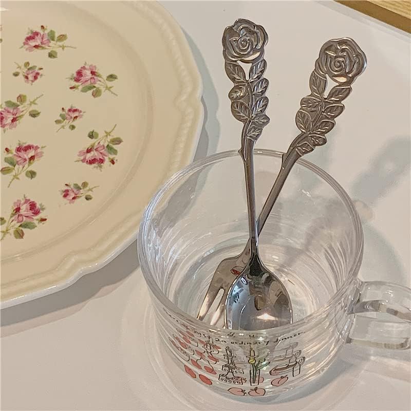 8Pcs Rose Handle Spoon Fork Set 4.72inch 18/10(304) Stainless Steel Flatware for Coffee Tea Dessert Ice Cream Appetizer Fruit