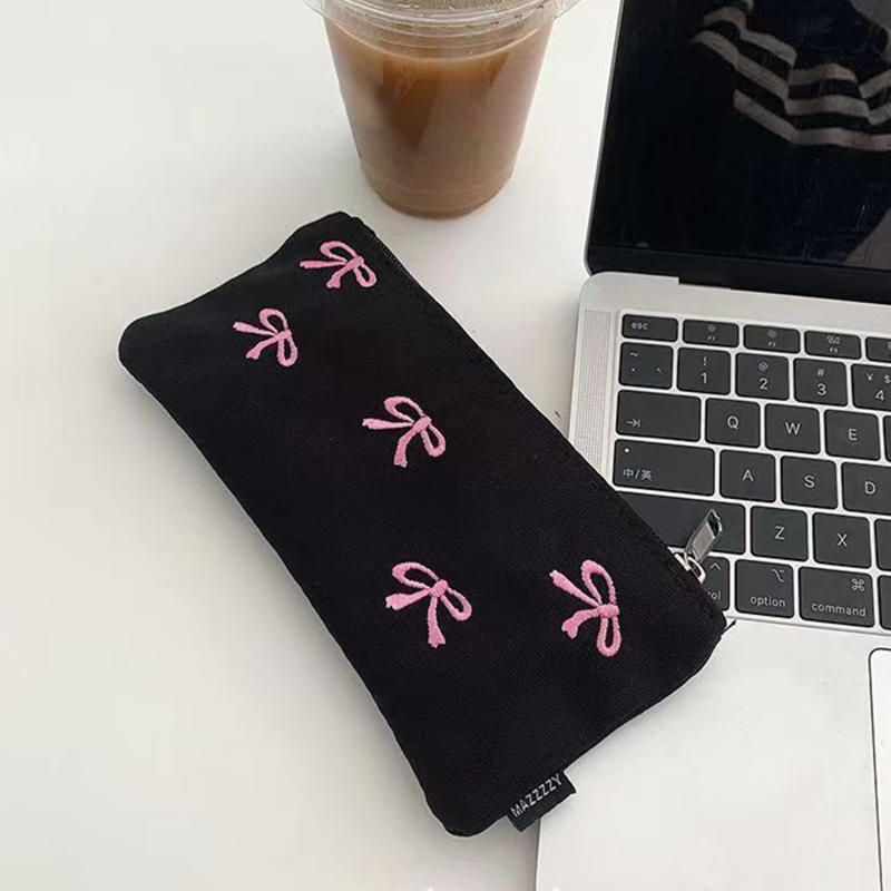 Ins Style Simple Black Bow Pencil Case Large Capacity Pencil Storage Bag Cosmetic Bag Stationery Organizer School Supplies