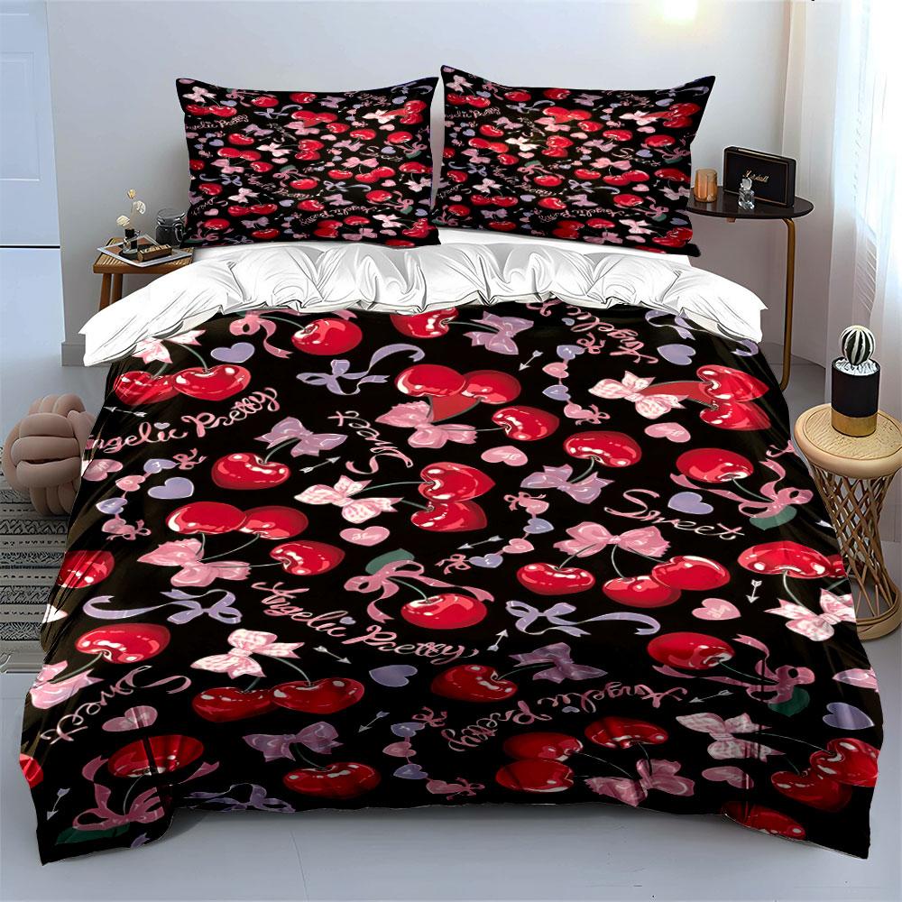 Red cherries, hearts, ribbons. Bedding sets Duvet cover sets Duvet covers Pillowcases(1 * Duvet Cover 2 * Pillowcases without duvet insert)