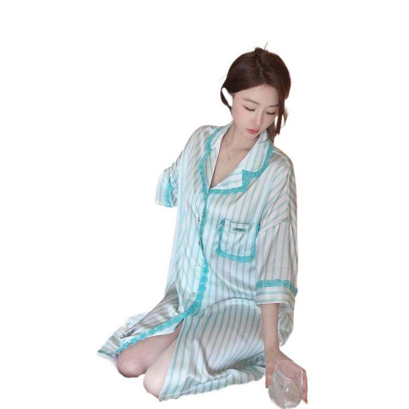 1011 summer ice silk nightdress women's thin striped shirt skirt loungewear loose large size can be worn outside light luxury pajamas