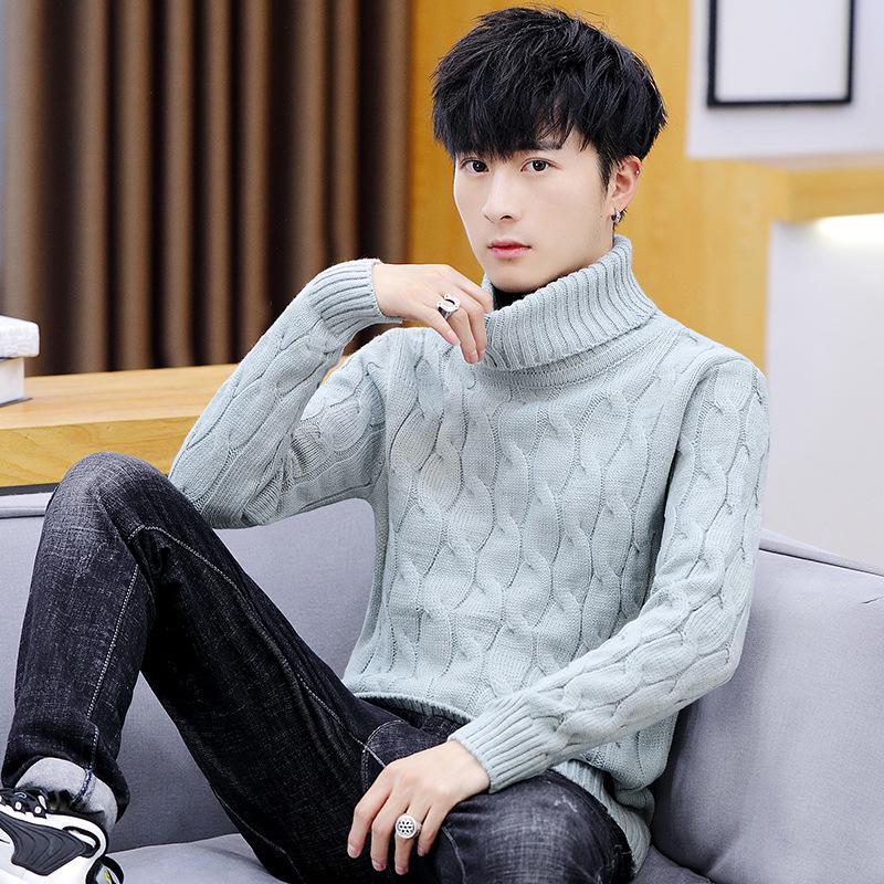 Autumn and Winter Thick High Neck Twisted Flower Men's Sweater Young Students Warm Knit Sweater Top