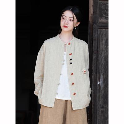 Весенняя хлопковая льняная женская одежда, рубашка из хлопка и льна в стиле ретро, женская кардиган-куртка на пуговицах с цветными блоками