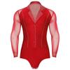 Mens Latin Dance Leotard Lapel Collar Sheer Mesh Patchwork Long Sleeve Sparkly Rhinestone Bodysuit Tango Costume