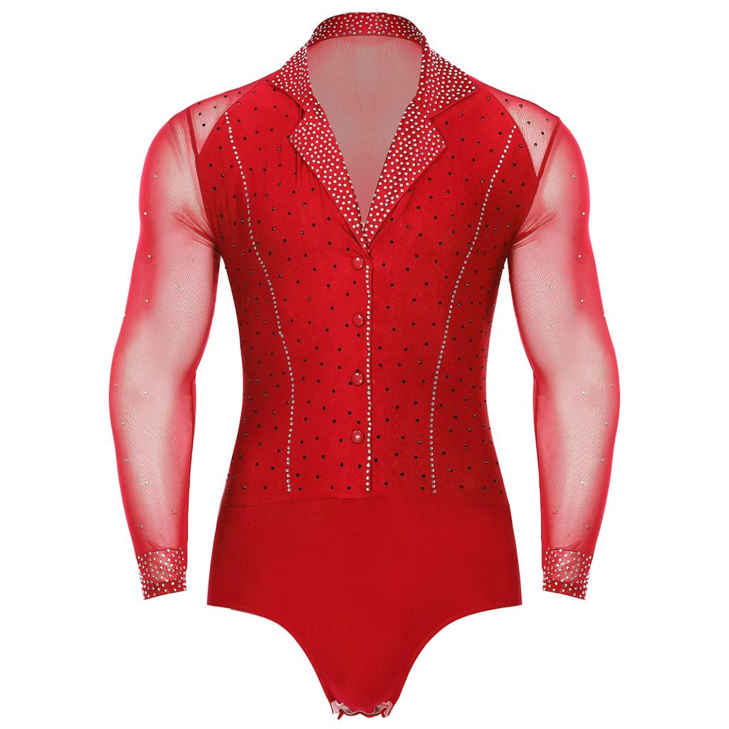 Mens Latin Dance Leotard Lapel Collar Sheer Mesh Patchwork Long Sleeve Sparkly Rhinestone Bodysuit Tango Costume