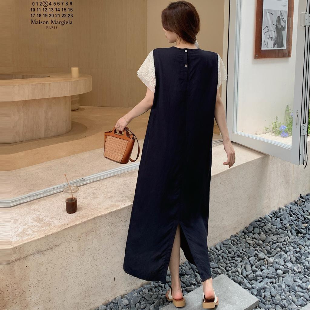 Dimanaf 2025 Летнее платье больших размеров для женщин, свободное, с коротким рукавом, мягкое кружевное, сшитое, повседневное, базовое, большого размера, длинное платье