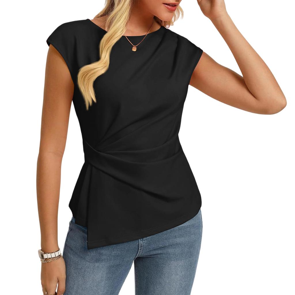 Женский повседневный топ Однотонный плиссированный топ Рубашка с круглым вырезом и коротким рукавом