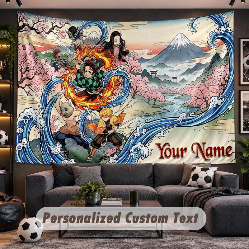Wall Hanging Tapestry Custom NameDemon Slayer Pattern Personalized Printed Fabric Wall Decor