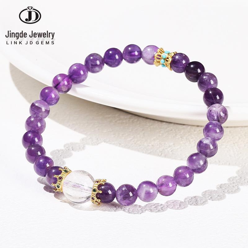 Jingde Jewelry Браслет из натурального аметиста 3A и белого кристалла с круглыми бусинами для женщин