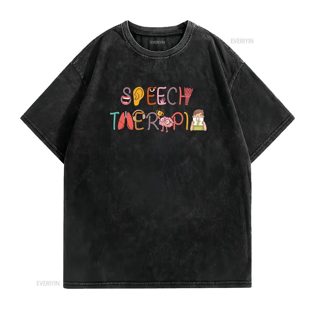 Funny Cartoon Speech Therapy Colorful Print Casual T Shirt vintage Washed Top For Everyday Wear Stylish Breathable Soft