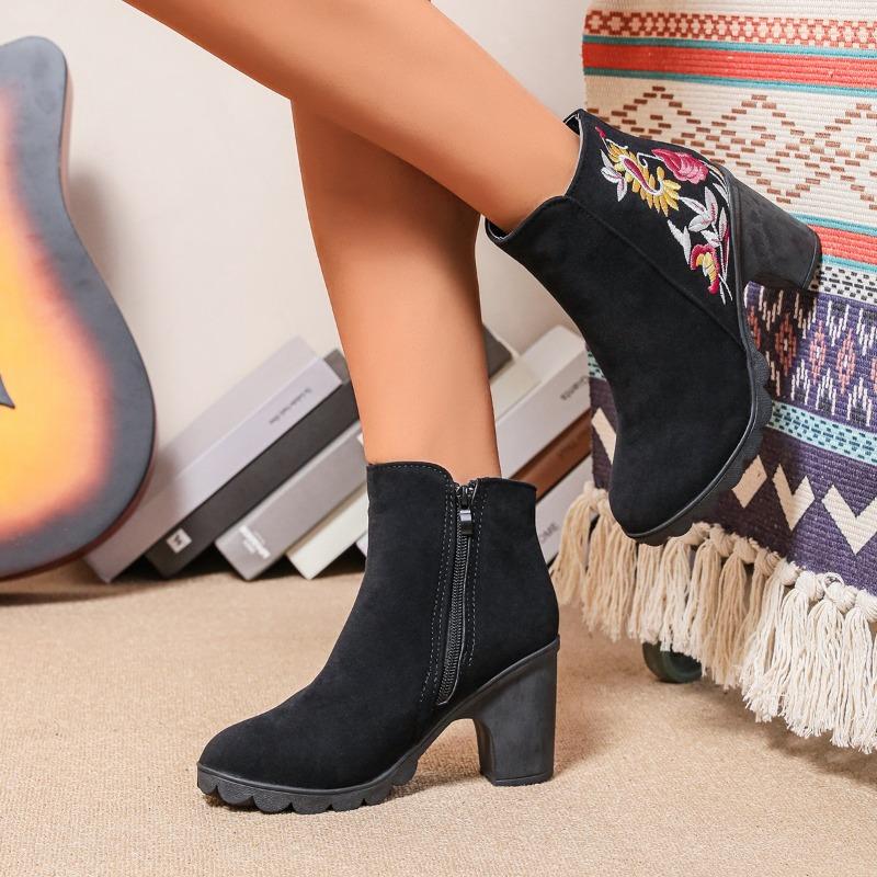 Зимние модные женские сапоги, новые, круглые, на толстом каблуке, короткие, из замши, с рукавами в тон, на среднем каблуке, женские модные сапоги