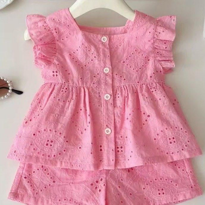 Girls Summer Pink Cotton Cap Sleeve Top And Shorts Set Baby Girl Two Piece Outfit Casual Soft Breathable Clothes