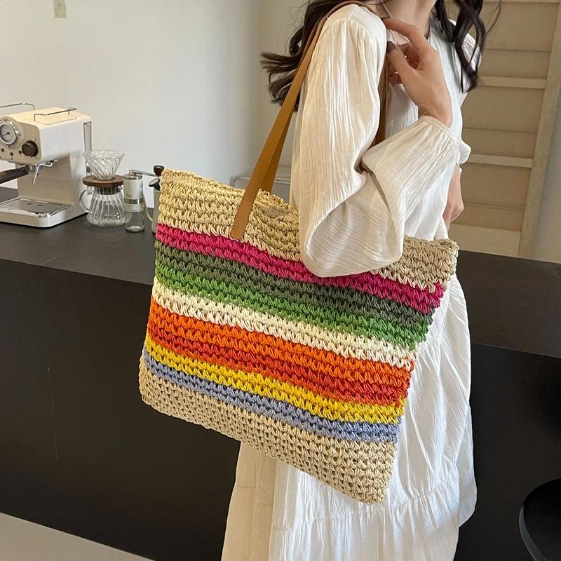 Straw Rainbow Color Matching Large Capacity Shoulder Bags Fashion Casual Bags for Women Summer Style