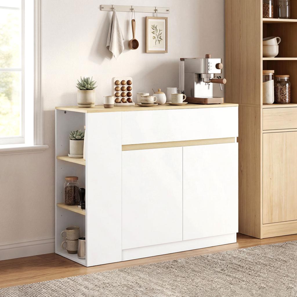Buffet Storage Cabinet With 2 Drawers 3 Open Shelves And Cupboard 2 Doors 110 X 29.5 X 82 Cm White